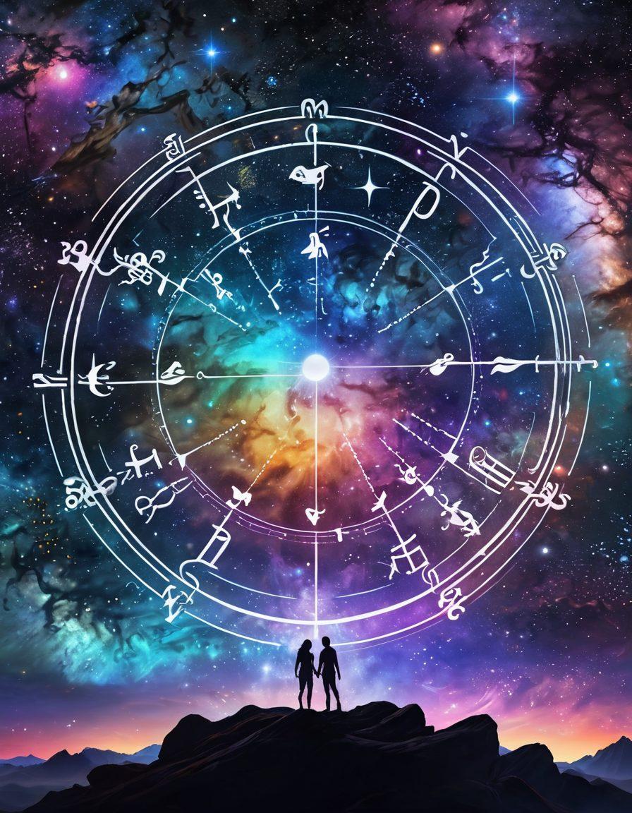 A captivating celestial scene featuring a beautiful zodiac wheel intertwined with constellations, showing various zodiac symbols in vibrant colors. In the foreground, two silhouettes of people gazing at the stars as they hold hands, symbolizing love and connection. Soft, glowing light emanates from the zodiac wheel, creating an enchanting atmosphere filled with cosmic elements. super-realistic. vibrant colors. cosmic background.