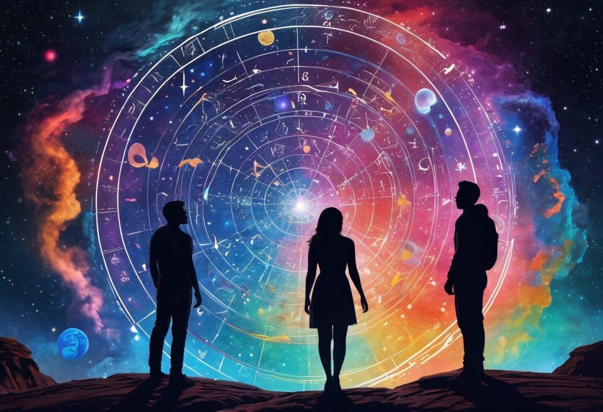 A mesmerizing cosmic landscape filled with vibrant celestial bodies, intertwining zodiac symbols, and glowing constellations. In the foreground, two silhouettes of individuals reaching toward each other, surrounded by colorful astrological charts and planetary alignments. The background portrays a swirling galaxy reflecting the dynamics of relationship energies. Create a feeling of mystical connection and exploration. cosmic art. vibrant colors. 3D.