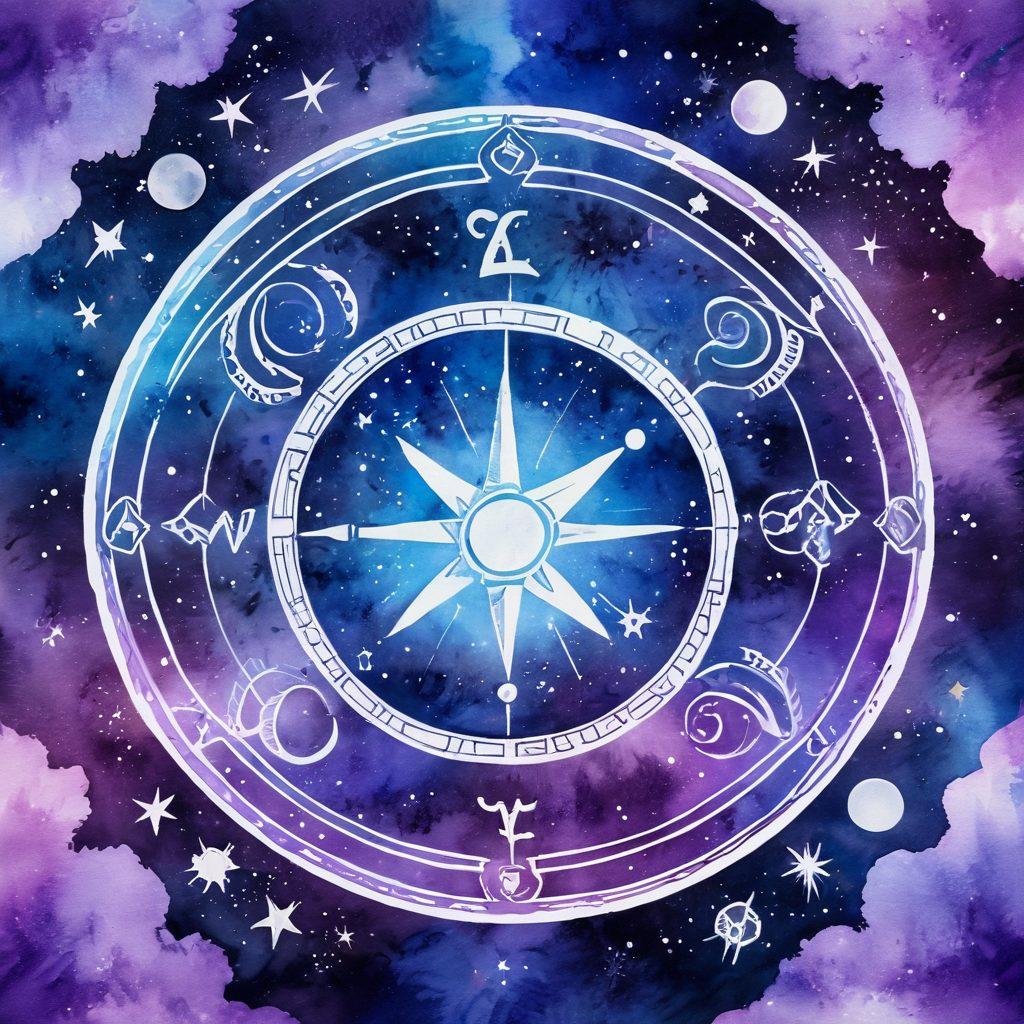 A cosmic scene depicting two intertwined zodiac symbols surrounded by celestial elements like stars, planets, and constellations, set against a deep blue and purple galaxy background. The symbolism of love and connections should be emphasized, with light beams connecting the zodiac signs to illustrate their compatibility. Add a soft glow to the symbols, hinting at energy and harmony. Include subtle astrological charts in the background to enhance the mystical feel. watercolor art. vibrant colors. dreamy atmosphere.